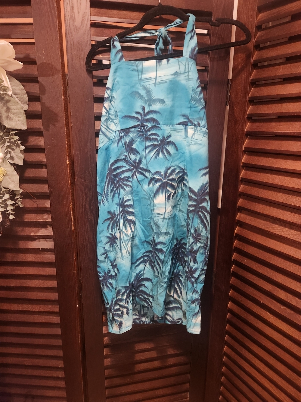 Blue Tropical Palm Print Halter Top Sundress